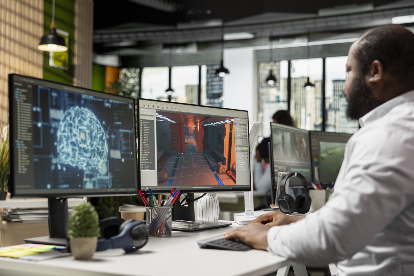 A developer reviewing AI-generated output across multiple screens