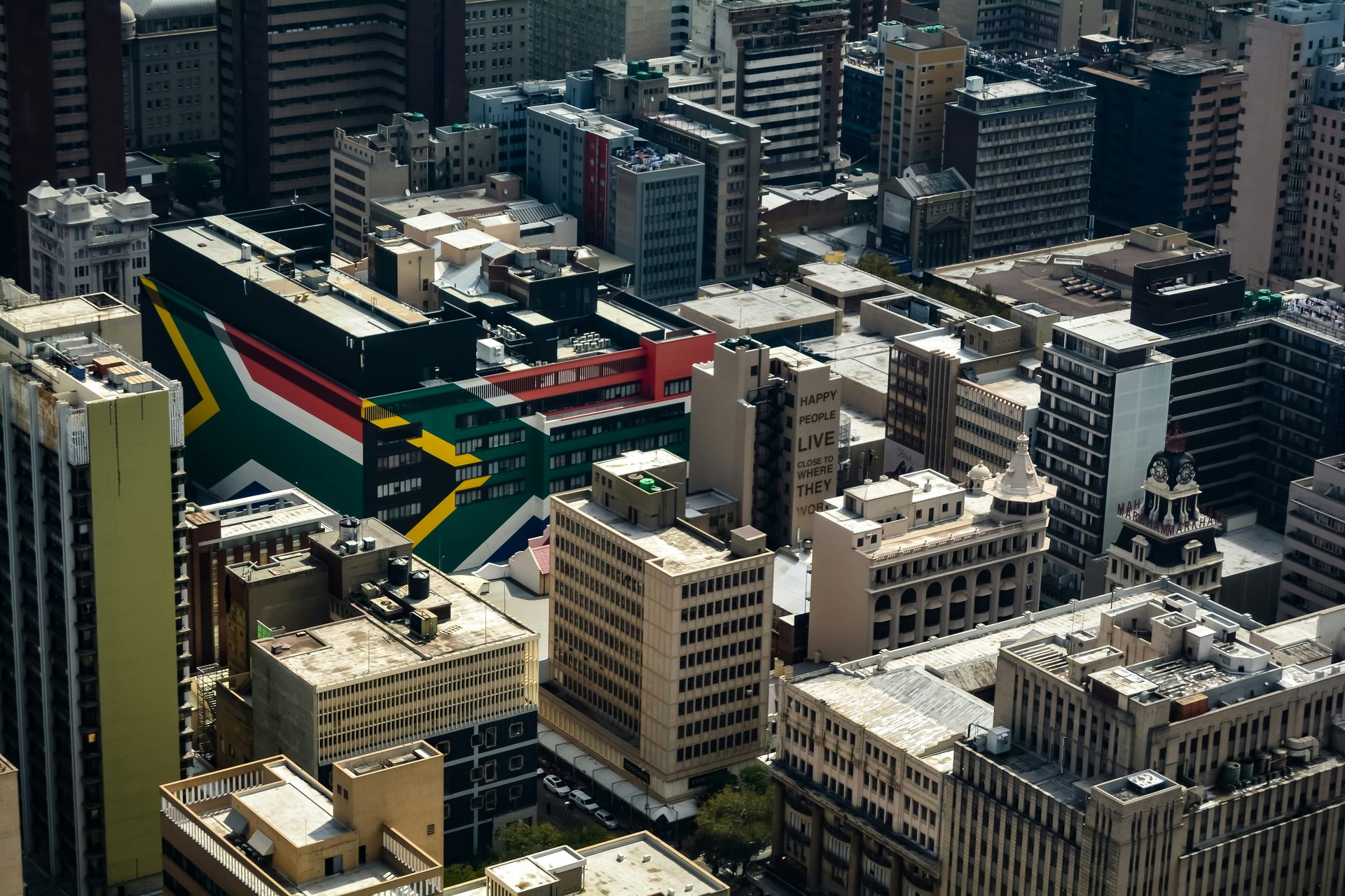 Johannesburg city centre with the South African flag painted across a building